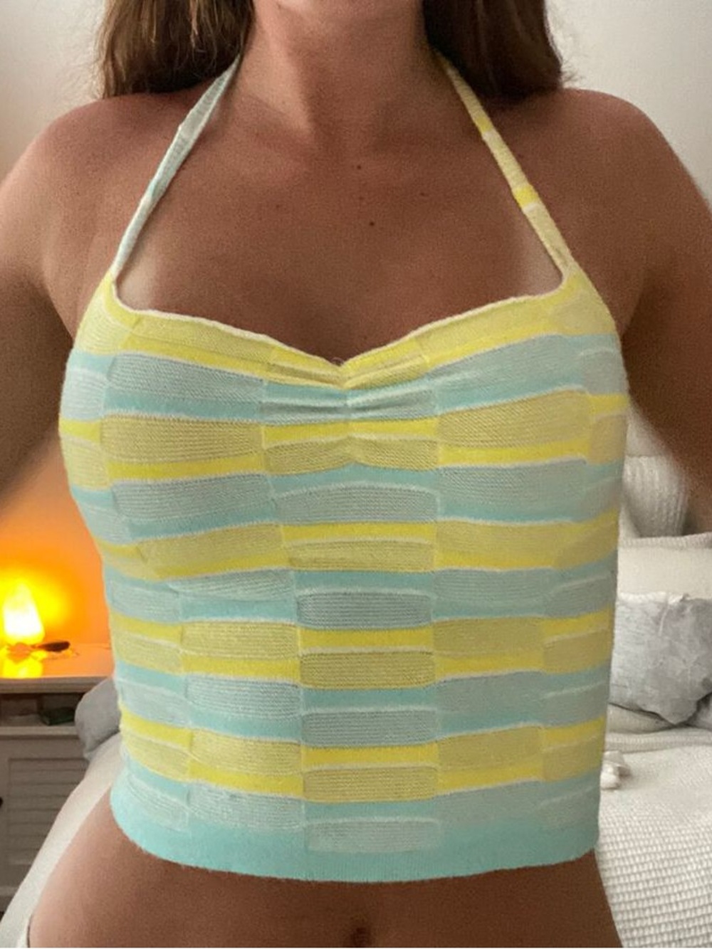 Striped Dearfrankiethelabel Halter Crop Top in Pastel Yellow & Teal